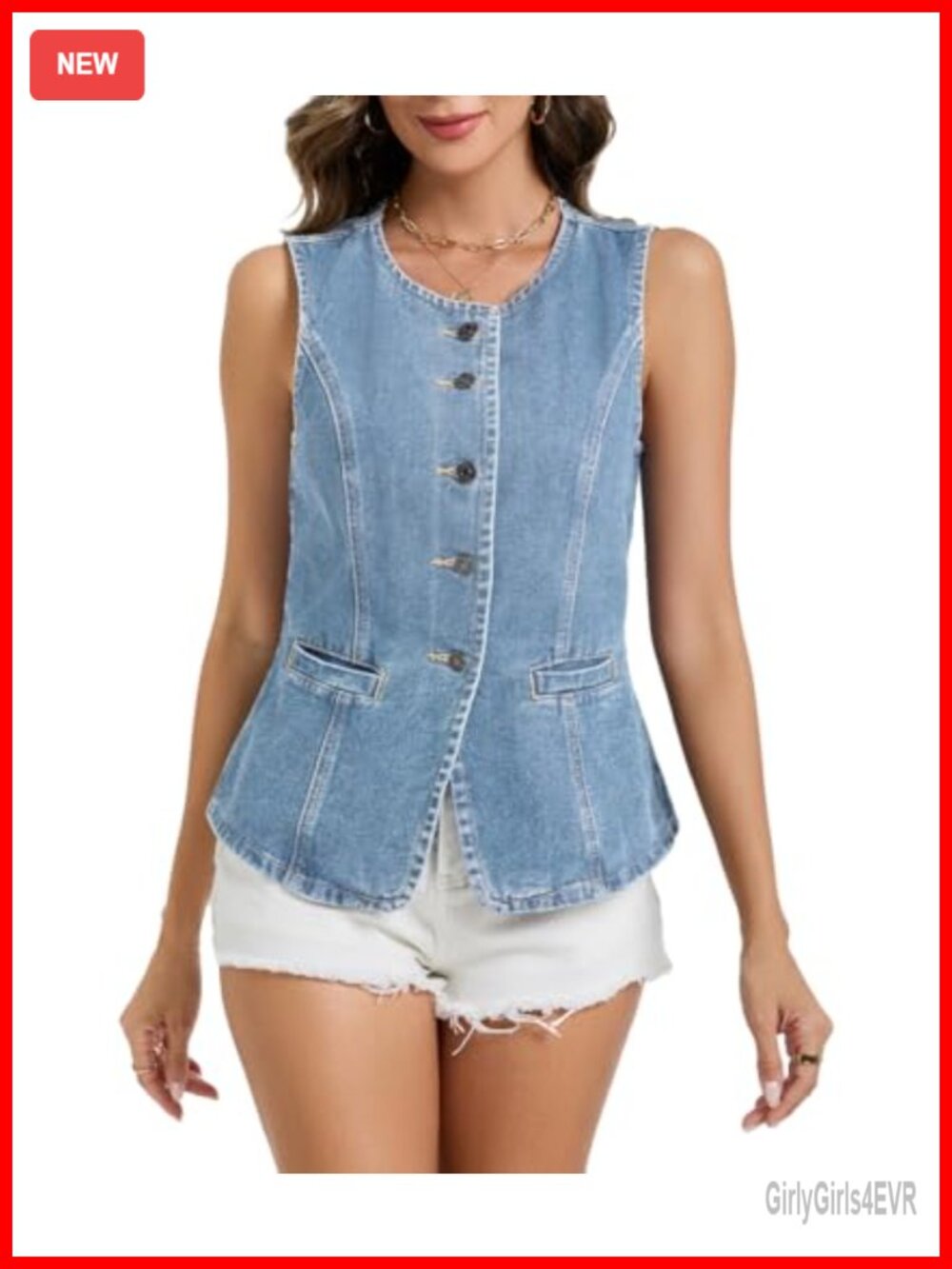 Sleeveless Denim Vest Button Down Crewneck Waistcoat Tank Top